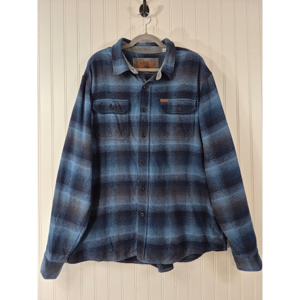 Orvis Mens Blue Ombre Plaid Thick Flannel Shirt Cotton Heavyweight Pockets 2XL